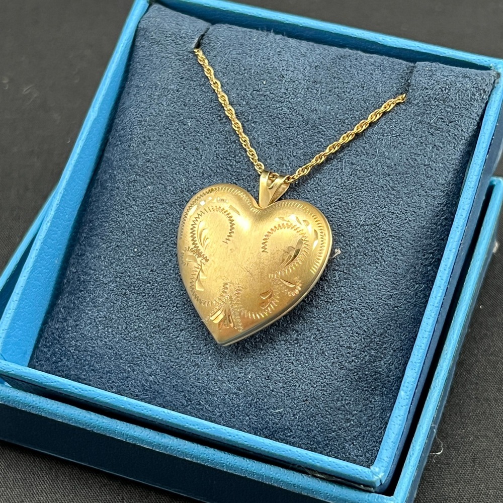 Vintage Gold Filled Heart Locket Necklace Etched 14KT GF Signed PPC READ